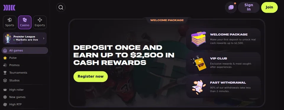 Cloudbet casino lobby on desktop with the Welcome Package banner offering up to US$2,500 in cash rewards, the games menu on the left and a Join button at the top right